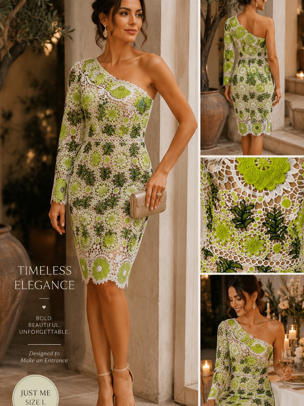 Just Me One-Shoulder Lime Green Floral Crochet  Dress